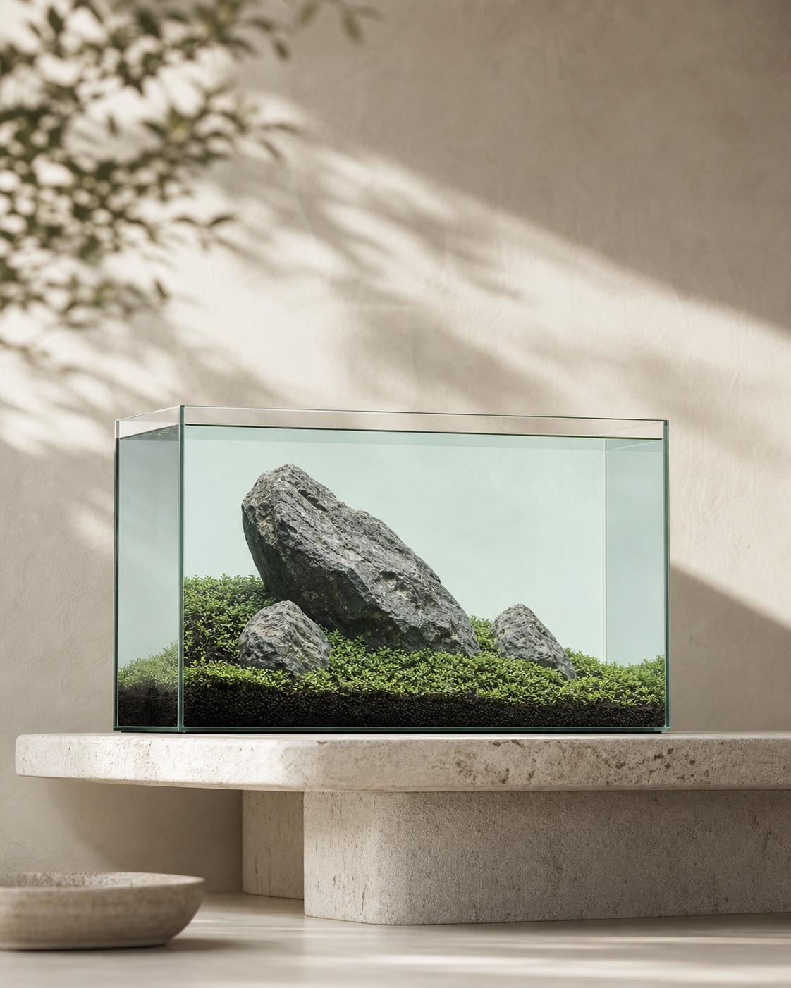 A minimal Iwagumi aquarium with three mineral-grey rocks in soft morning light