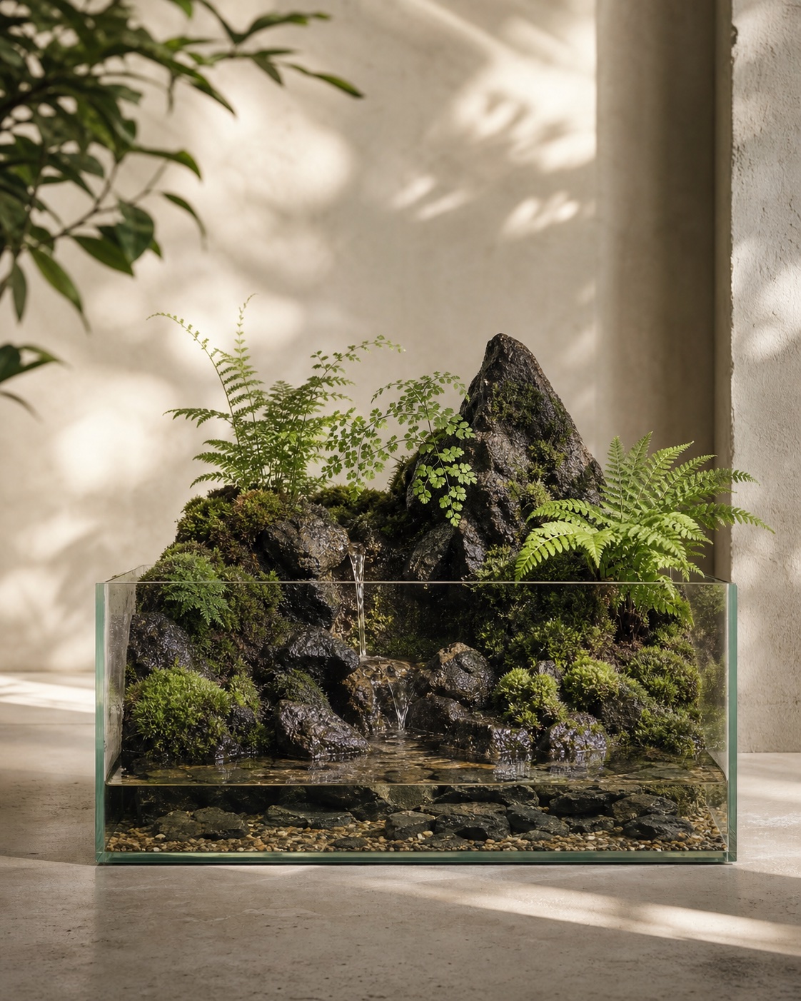 An open paludarium with dark rock, moss, ferns, and a narrow water trickle
