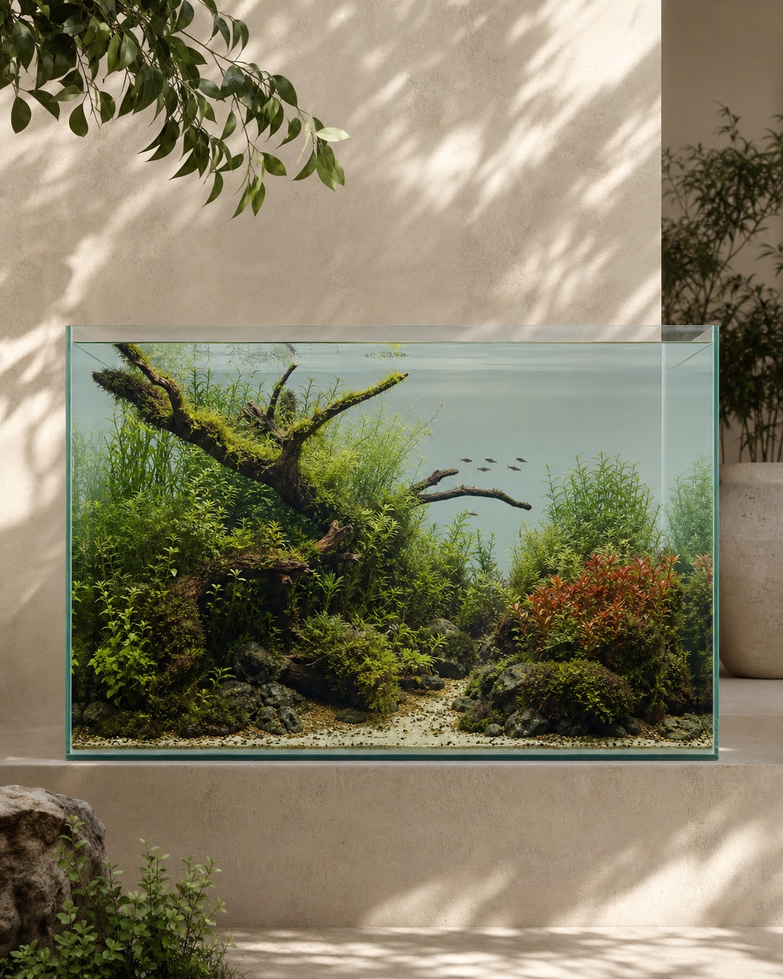 A mature planted aquarium with moss-covered wood and restrained red stems